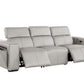 104" Top Grain Leather Reclining USB Sofa with Storage | Modern Recliner Couch in light gray, featuring power recline and hidden storage.