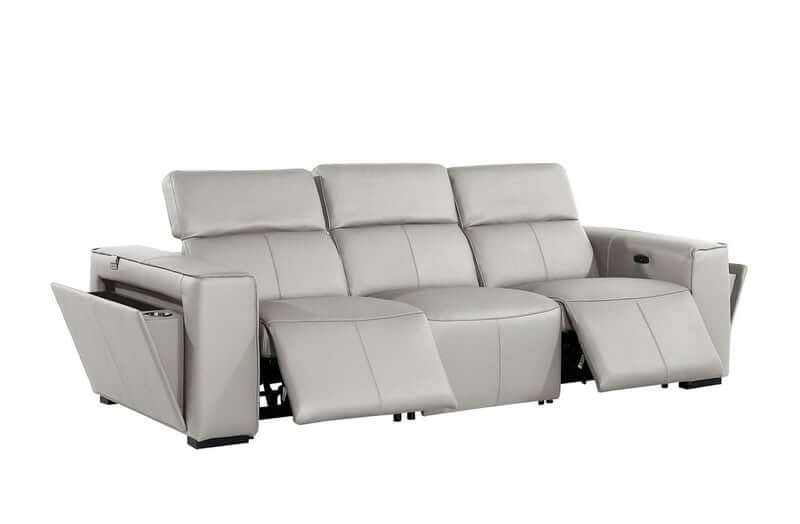 104" Top Grain Leather Reclining USB Sofa with Storage | Modern Recliner Couch in light gray, featuring power recline and hidden storage.