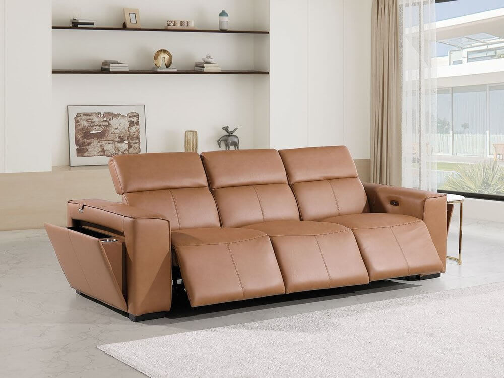 104" Top Grain Leather Reclining USB Sofa with Storage | Modern Recliner Couch in chestnut color.