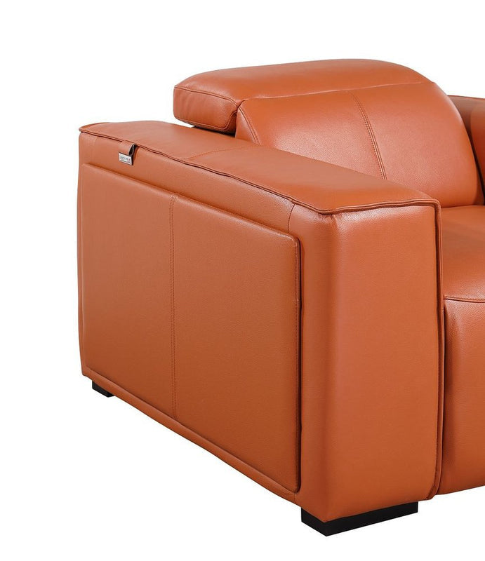 104" Top Grain Leather Reclining USB Sofa with Storage | Modern Recliner Couch side view showing leather upholstery and storage.