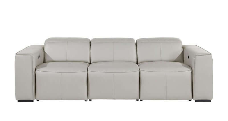104" Top Grain Leather Reclining USB Sofa with Storage | Modern Recliner Couch in light gray color.