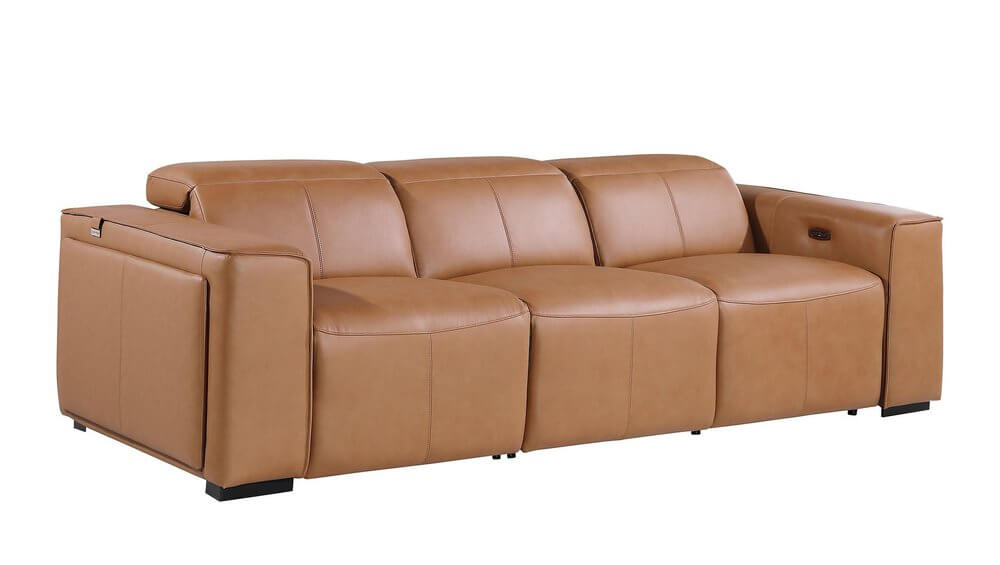 104" Top Grain Leather Reclining USB Sofa with Storage | Modern Recliner Couch in chestnut color.