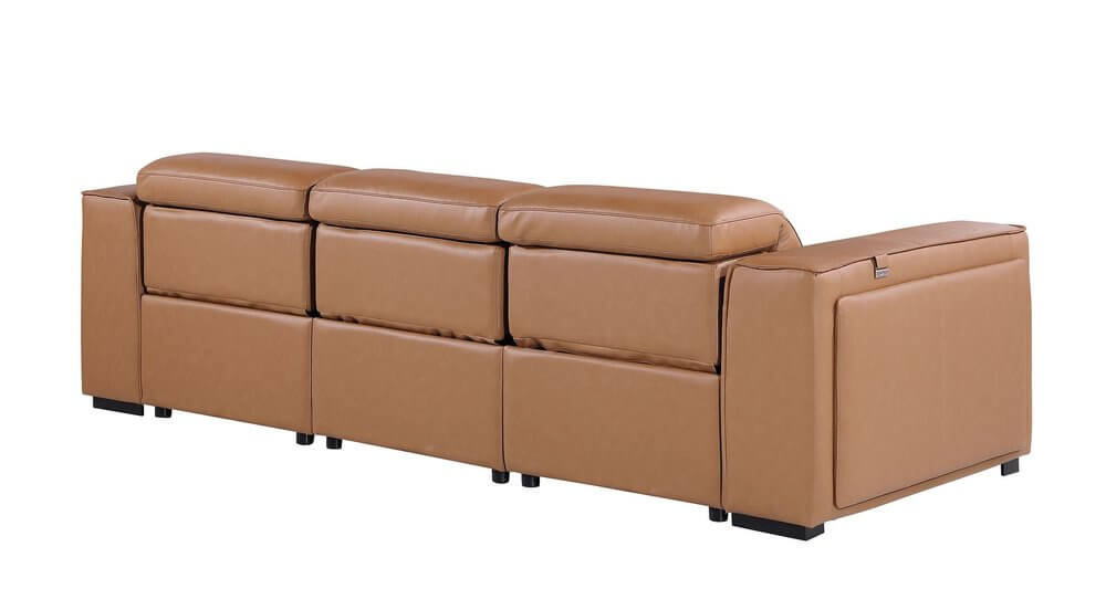 104" Top Grain Leather Reclining USB Sofa with Storage | Modern Recliner Couch featuring sleek chestnut leather design.