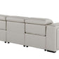104" Top Grain Leather Reclining USB Sofa with Storage | Modern Recliner Couch in light gray upholstery with hidden storage.