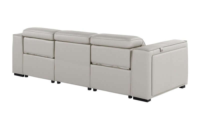 104" Top Grain Leather Reclining USB Sofa with Storage | Modern Recliner Couch in light gray upholstery with hidden storage.
