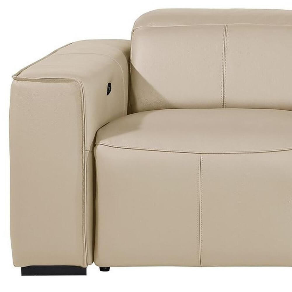 104" Top Grain Leather Reclining USB Sofa with Storage | Modern Recliner Couch - side view in beige leather