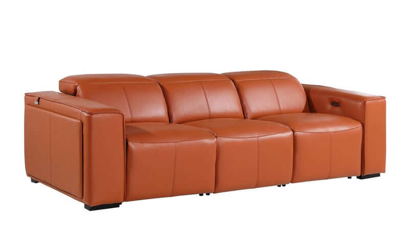104" Top Grain Leather Reclining USB Sofa with Storage | Modern Recliner Couch in chestnut color.