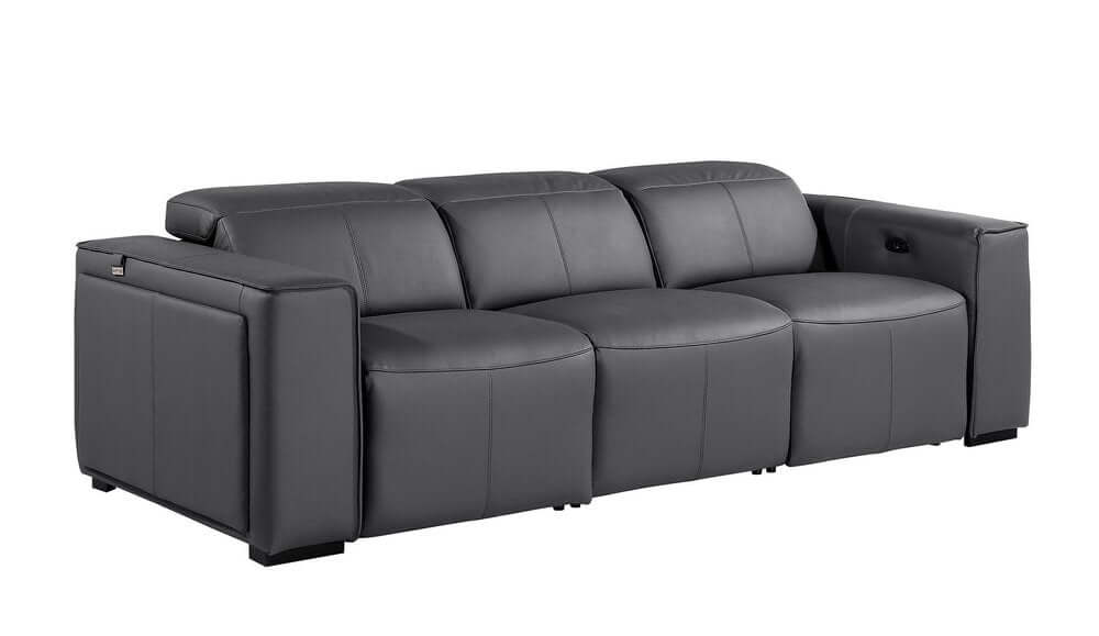 104" Top Grain Leather Reclining USB Sofa with Storage | Modern Recliner Couch in gray leather upholstery.