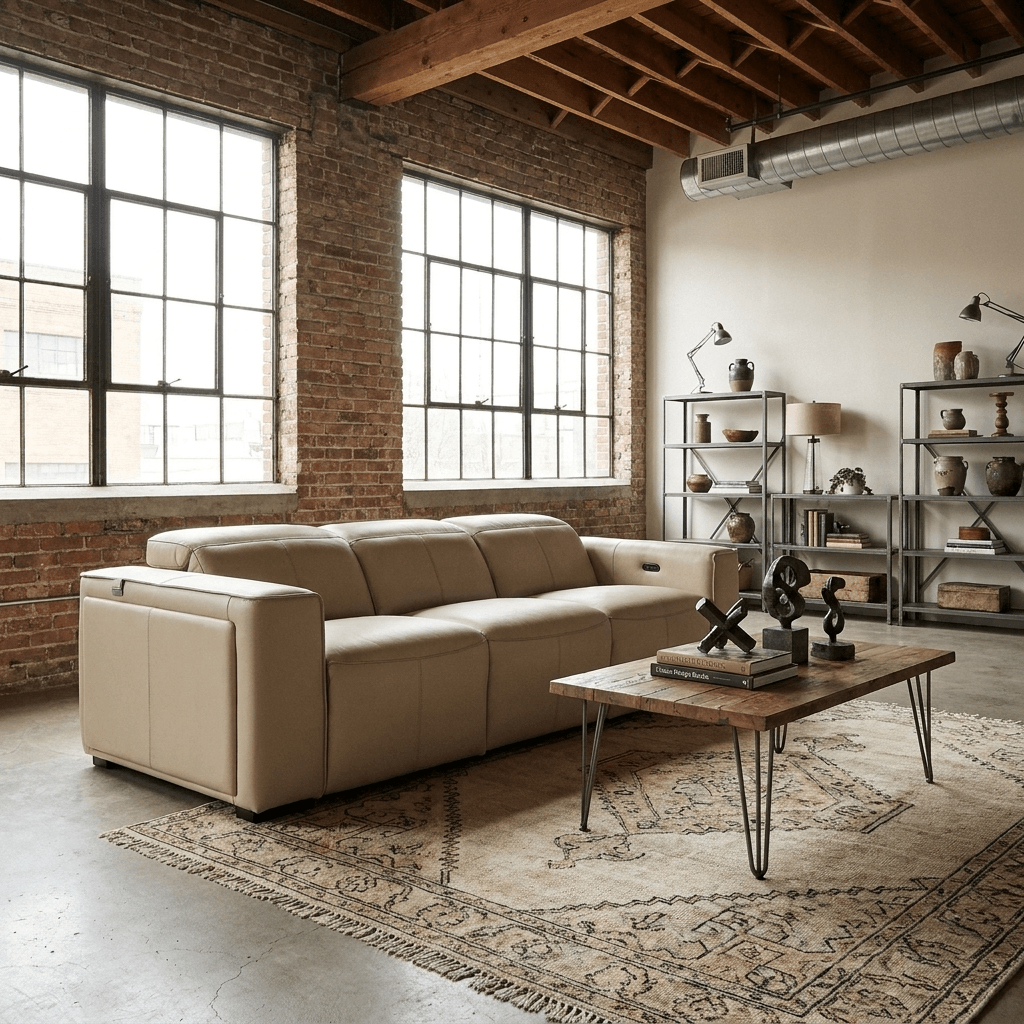 104" Top Grain Leather Reclining USB Sofa with Storage | Modern Recliner Couch in a chic living room setting.