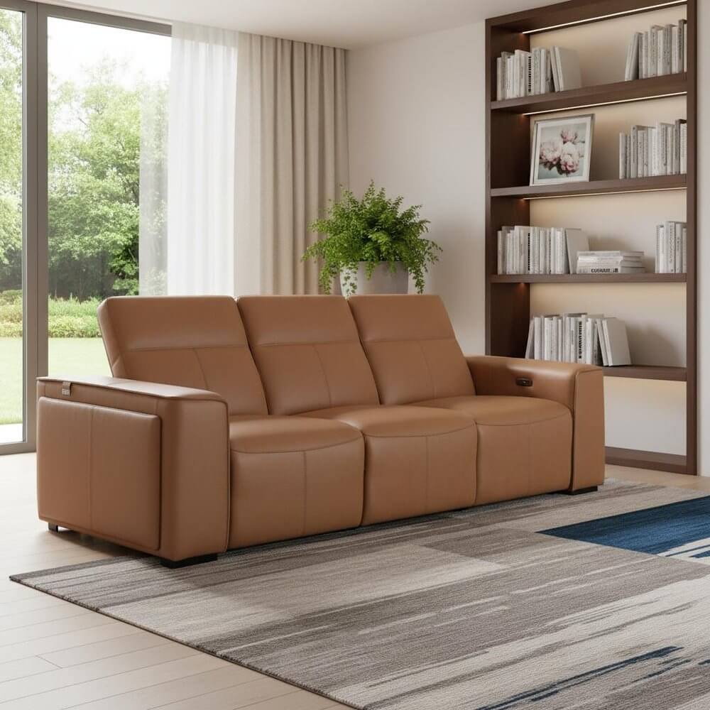 104" Top Grain Leather Reclining USB Sofa with Storage | Modern Recliner Couch in chestnut color