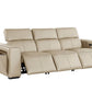 104" Top Grain Leather Reclining USB Sofa with Storage | Modern Recliner Couch in beige, featuring power recline and storage.