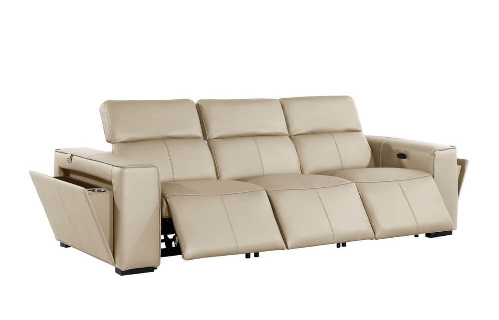 104" Top Grain Leather Reclining USB Sofa with Storage | Modern Recliner Couch in beige, featuring power recline and storage.