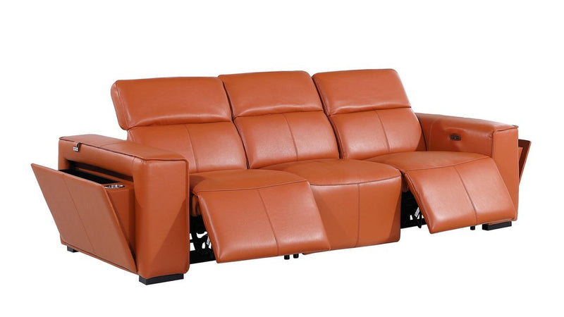 104" Top Grain Leather Reclining USB Sofa with Storage | Modern Recliner Couch in chestnut color with hidden storage.