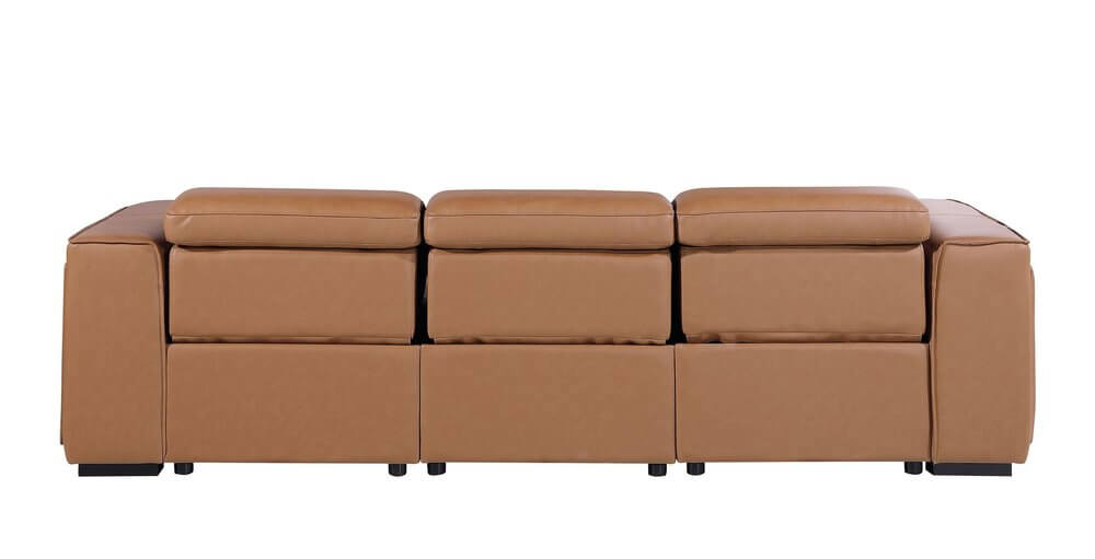 104" Top Grain Leather Reclining USB Sofa with Storage | Modern Recliner Couch in chestnut color, showcasing hidden storage features.