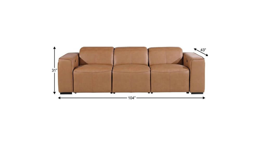 104" Top Grain Leather Reclining USB Sofa with Storage | Modern Recliner Couch in chestnut, dimensions 104" x 31" x 43".