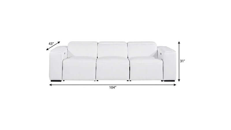 104" Top Grain Leather Reclining USB Sofa with Storage | Modern Recliner Couch dimensions of 104" x 43" x 31" in sleek design.