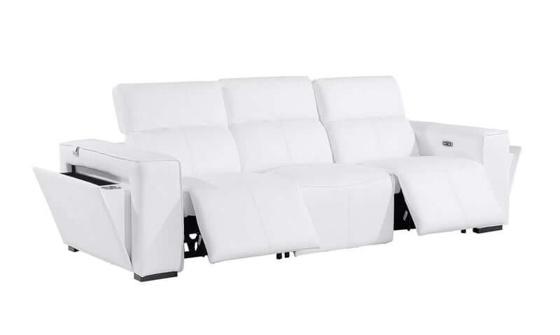 104" Top Grain Leather Reclining USB Sofa with Storage | Modern Recliner Couch in sleek white design.