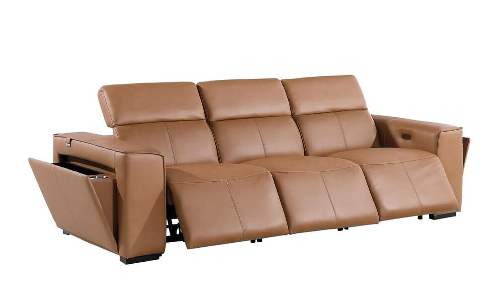 104" Top Grain Leather Reclining USB Sofa with Storage | Modern Recliner Couch in chestnut color, featuring power reclining and hidden storage.