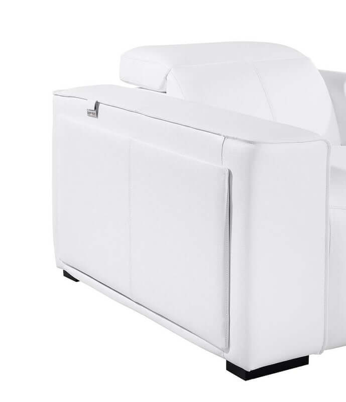 104" Top Grain Leather Reclining USB Sofa with Storage | Modern Recliner Couch side view showcasing hidden storage.