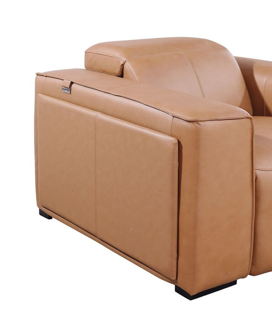 104" Top Grain Leather Reclining USB Sofa with Storage | Modern Recliner Couch side view with hidden storage.