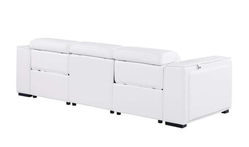 104" Top Grain Leather Reclining USB Sofa with Storage | Modern Recliner Couch in white leather with hidden storage.