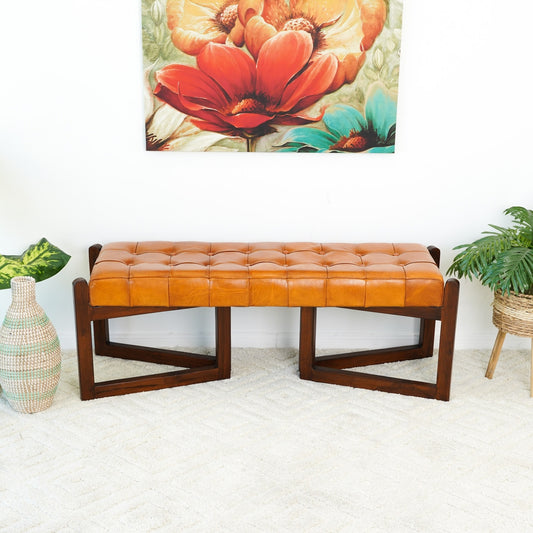 Riley Tufted Leather Bench – 52” Mid-Century Modern Wood Base Bench (Genuine Leather, Tan) in a stylish interior setting.