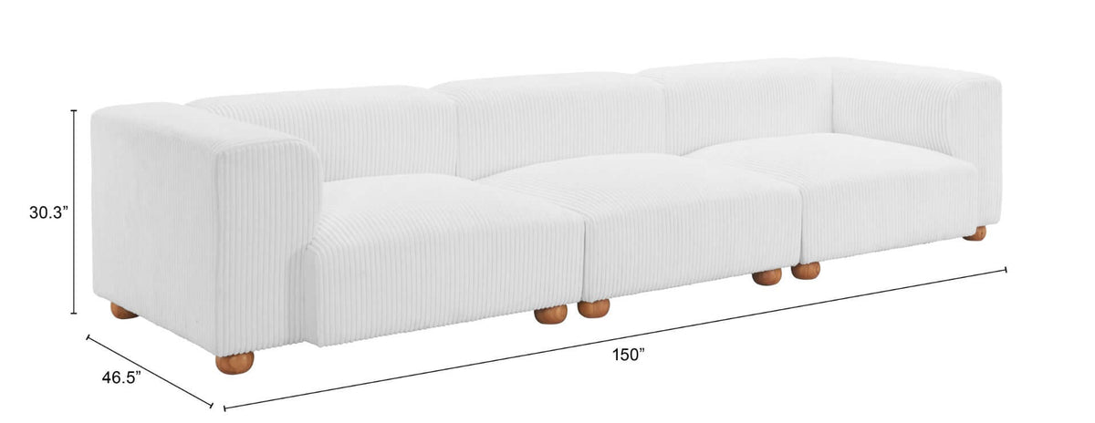 Tayte White Corduroy Modular Sectional Sofa 150" – Deep Seat Oversized Couch dimensions and design view