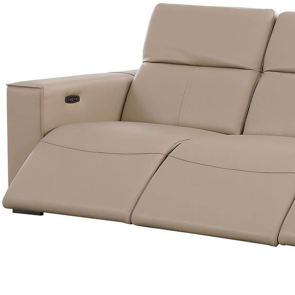 110" Top Grain Leather Power Reclining Sofa with USB Ports (3 Colors) in light gray detail view.