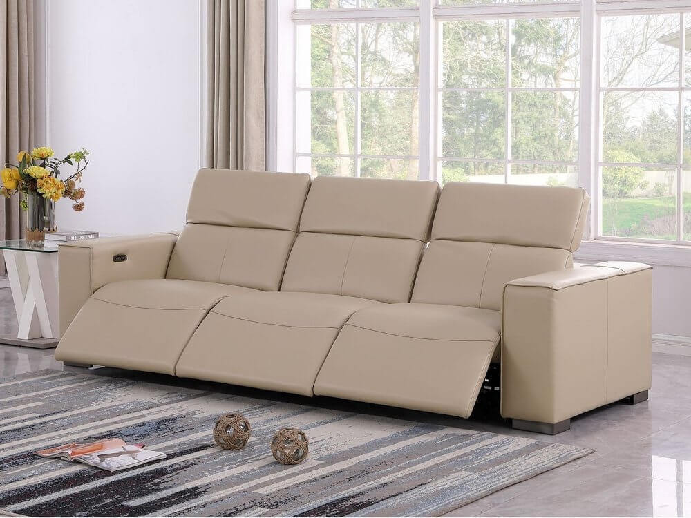 110" Top Grain Leather Power Reclining Sofa with USB Ports (3 Colors) in light beige color, showcasing modern design and comfort.