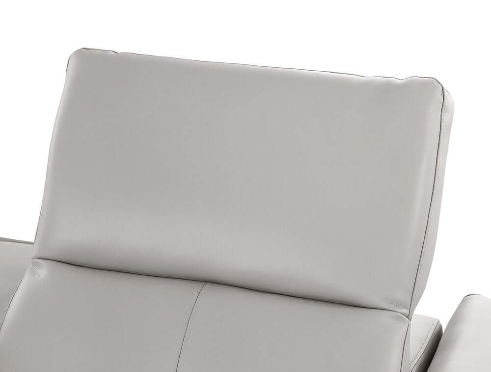 Close-up of the 110" Top Grain Leather Power Reclining Sofa with USB Ports (3 Colors) headrest in light gray leather.