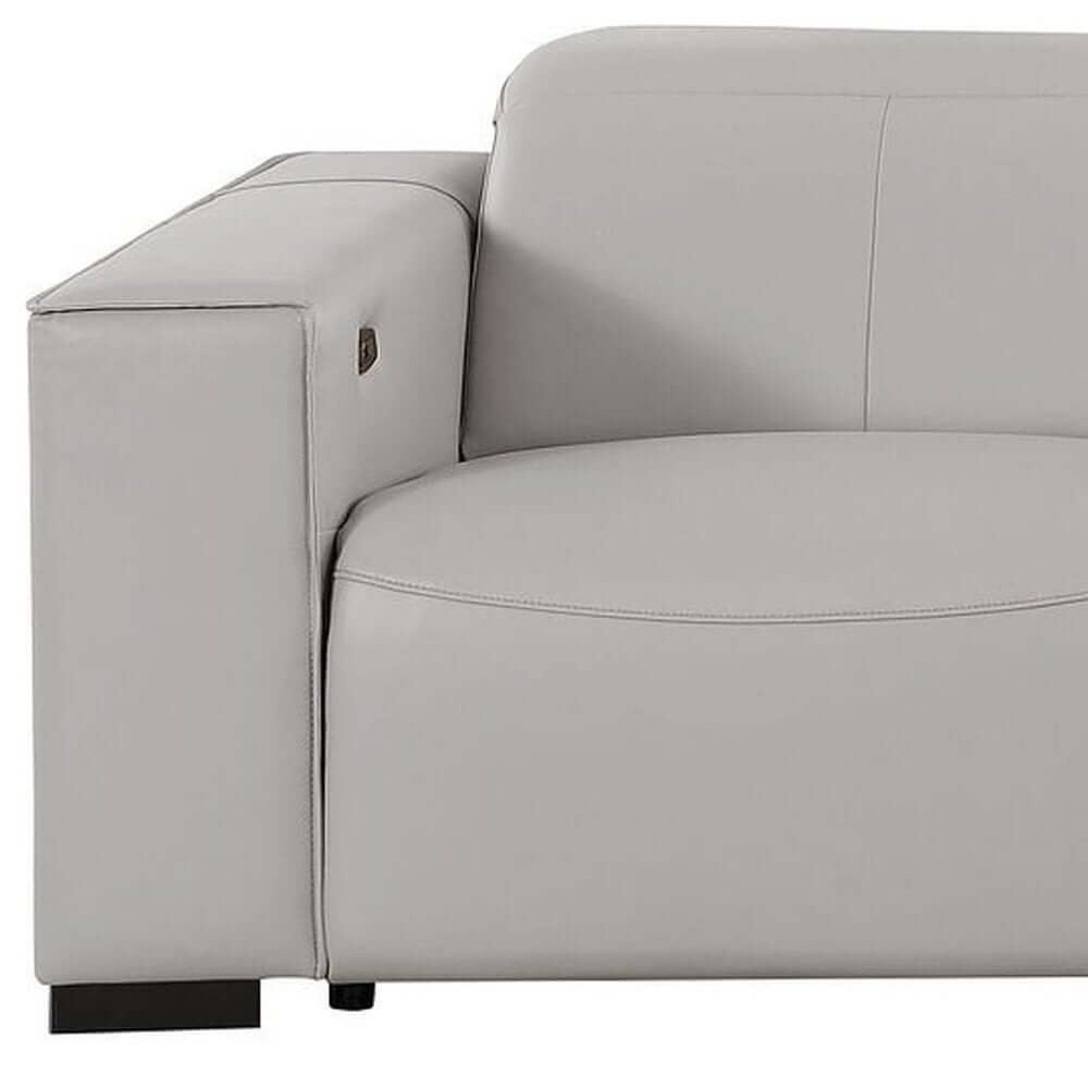 110" Top Grain Leather Power Reclining Sofa with USB Ports (3 Colors) close-up view in light gray leather upholstery.