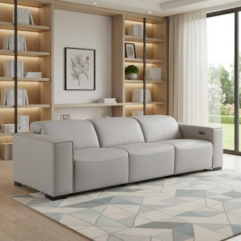 110" Top Grain Leather Power Reclining Sofa with USB Ports (3 Colors) in light gray, stylish living room setting.