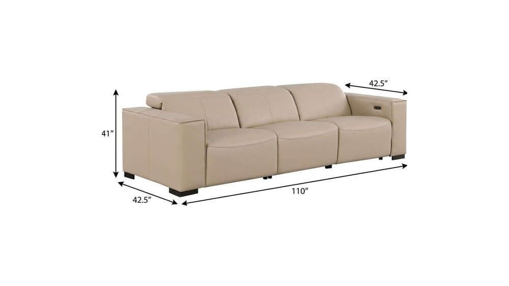 110" Top Grain Leather Power Reclining Sofa with USB Ports (3 Colors) dimensions and design layout in light gray.