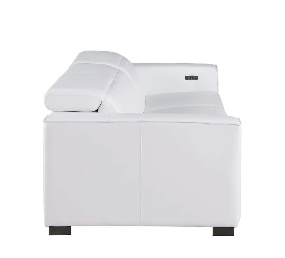 110" Top Grain Leather Power Reclining Sofa with USB Ports (3 Colors) side view in white leather.