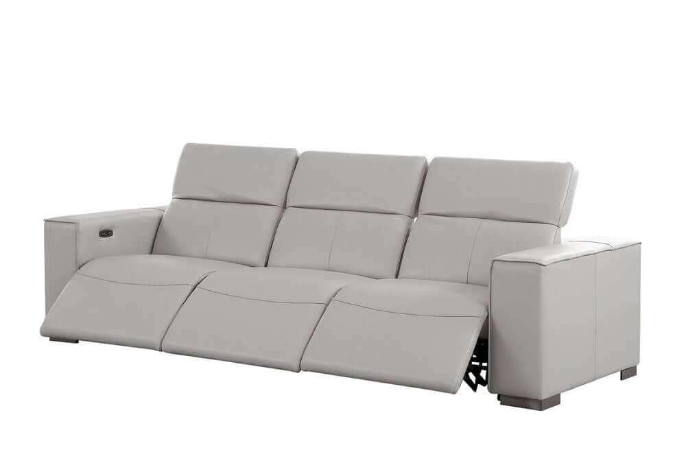 110" Top Grain Leather Power Reclining Sofa with USB Ports (3 Colors) in light gray, offering modern luxury and comfort.