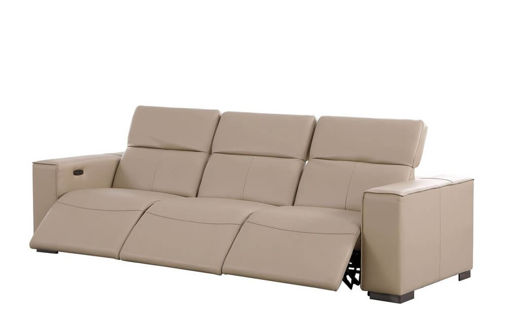 110" Top Grain Leather Power Reclining Sofa with USB Ports (3 Colors) in light gray, showcasing modern design and comfort.