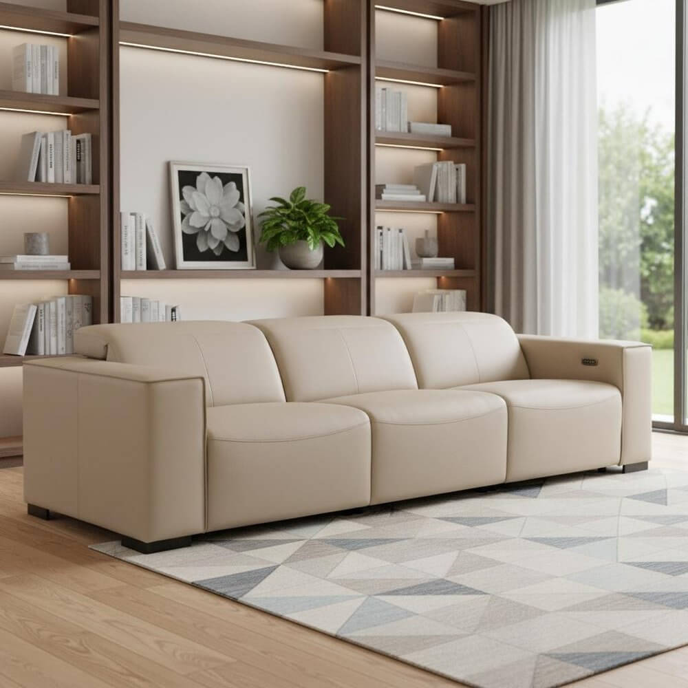 110" Top Grain Leather Power Reclining Sofa with USB Ports (3 Colors) in a modern living room setting.