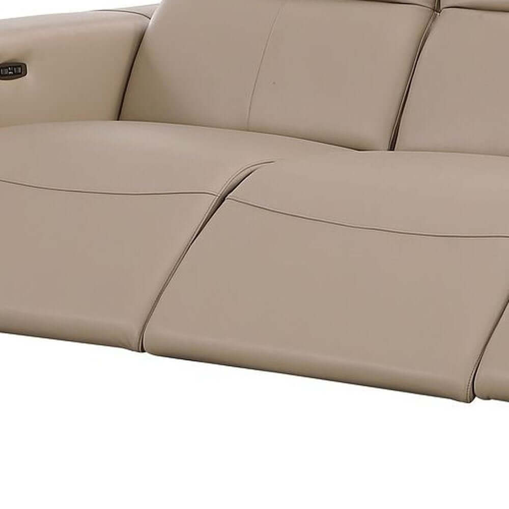 110" Top Grain Leather Power Reclining Sofa with USB Ports (3 Colors) close-up of beige leather seat.