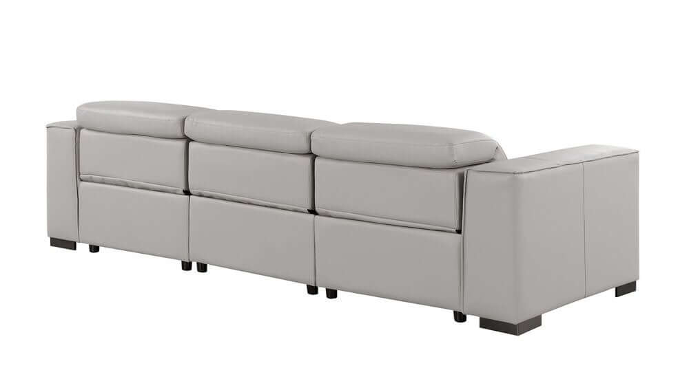 110" Top Grain Leather Power Reclining Sofa with USB Ports (3 Colors) in light gray from the back view