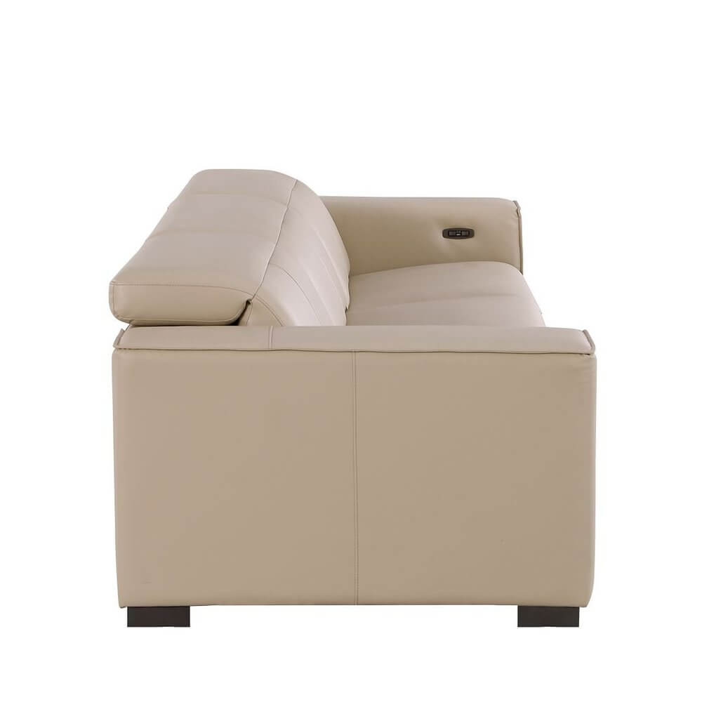 110" Top Grain Leather Power Reclining Sofa with USB Ports (3 Colors) in light gray from the side view, showcasing modern design.