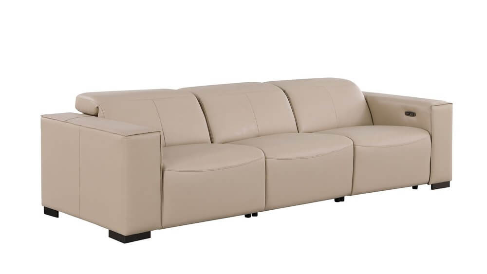 110" Top Grain Leather Power Reclining Sofa with USB Ports (3 Colors) in light gray leather upholstery.