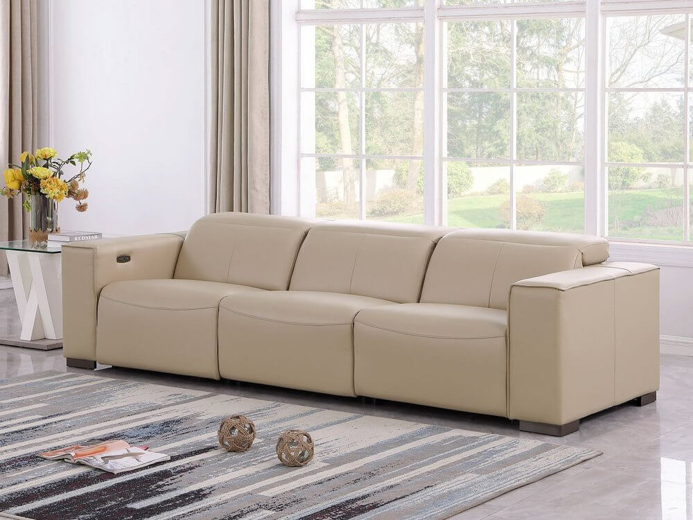 110" Top Grain Leather Power Reclining Sofa with USB Ports (3 Colors) in light beige color in modern living room setting.