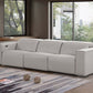 110" Top Grain Leather Power Reclining Sofa with USB Ports (3 Colors) in light gray color, displayed in a modern living room.
