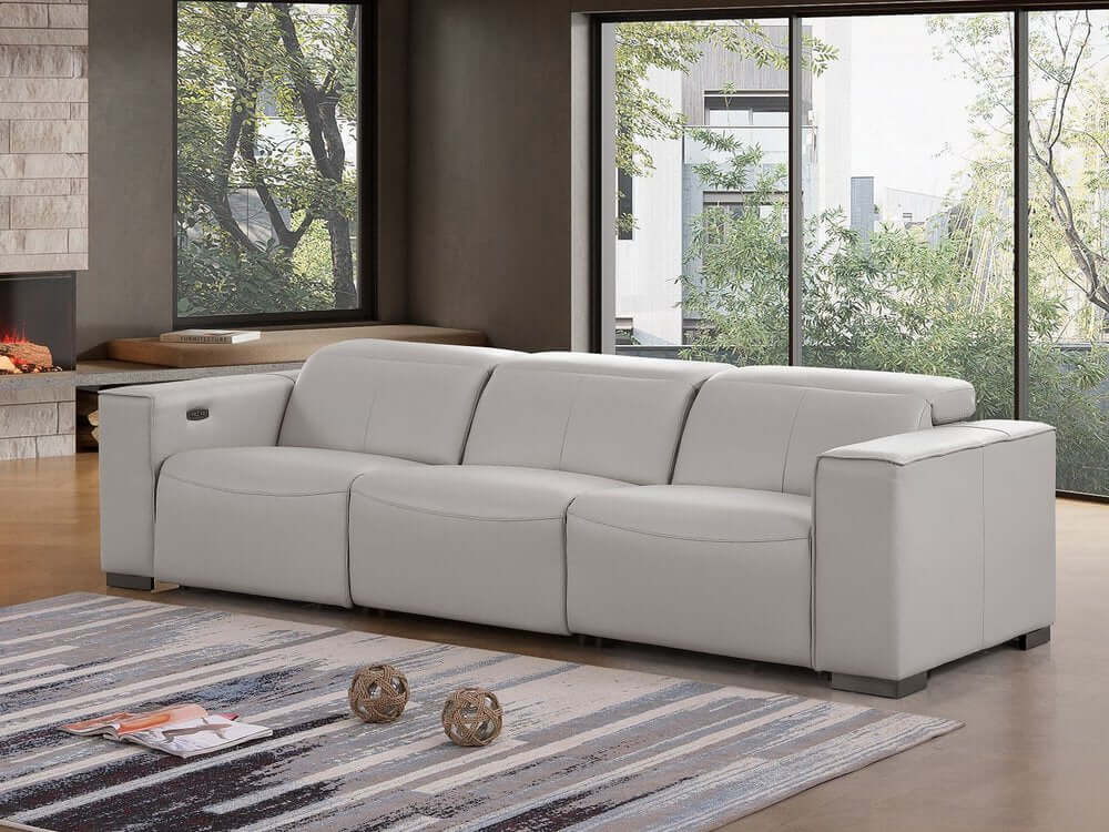 110" Top Grain Leather Power Reclining Sofa with USB Ports (3 Colors) in light gray color, displayed in a modern living room.