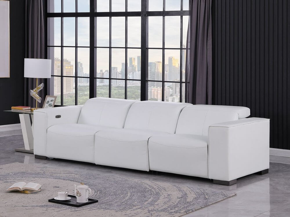 110" Top Grain Leather Power Reclining Sofa with USB Ports (3 Colors) in modern living room setting.