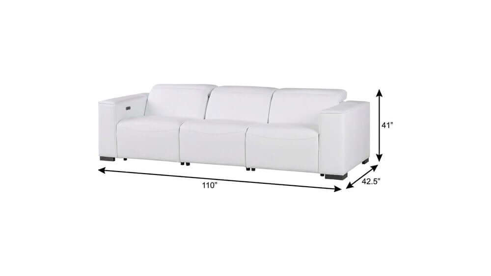 110" Top Grain Leather Power Reclining Sofa with USB Ports (3 Colors) dimensions and design in white upholstery