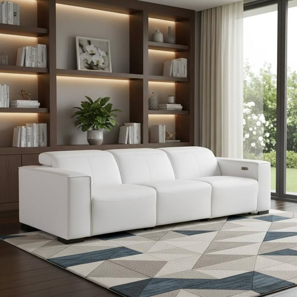 110" Top Grain Leather Power Reclining Sofa with USB Ports (3 Colors) in modern living room setting