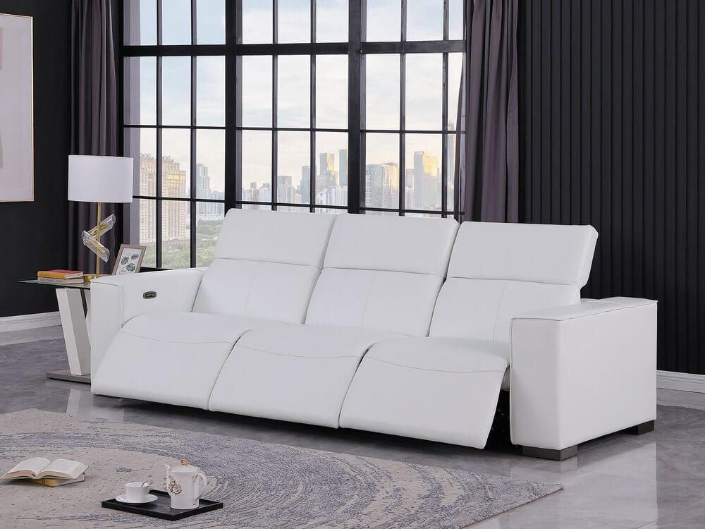 110" Top Grain Leather Power Reclining Sofa with USB Ports (3 Colors) in modern living room setting.