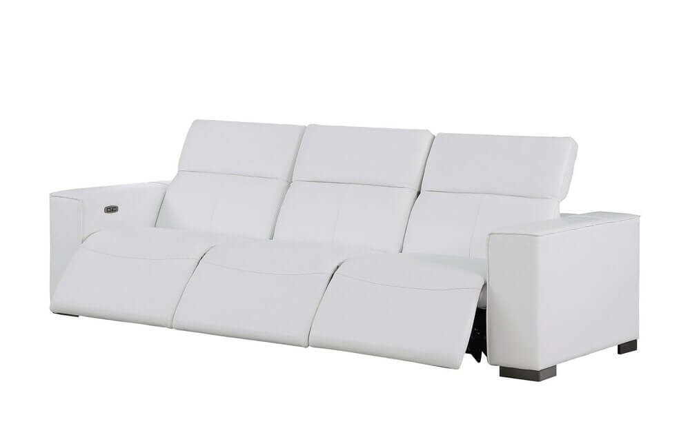110" Top Grain Leather Power Reclining Sofa with USB Ports (3 Colors) in sleek white leather design.