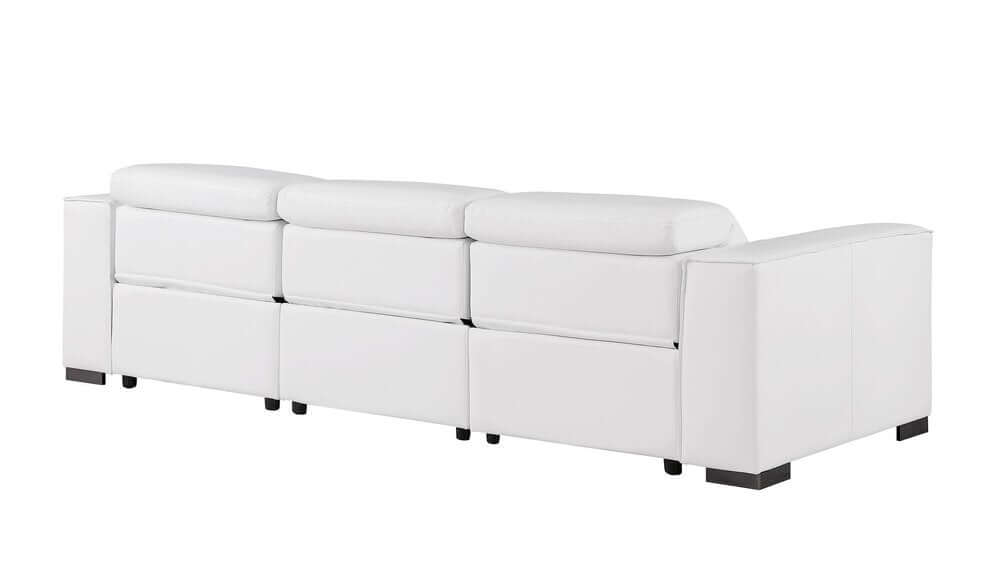 110" Top Grain Leather Power Reclining Sofa with USB Ports (3 Colors) in white upholstery, showcasing modern design and comfort.